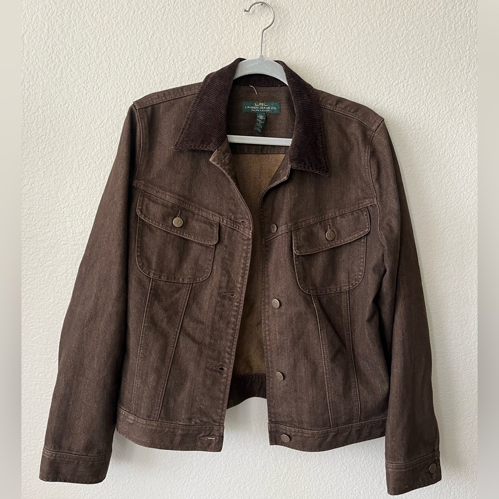 Lauren Ralph Jeans Co Brown Corduroy Collar Denim Jean Jacket Womens Size L - Picture 2 of 16